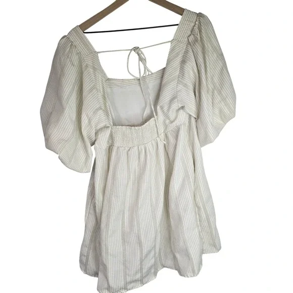 Free People Gigi Cream Vertical Stripe Puff Sleeve Tunic Top Boho Spring Size L - Picture 9 of 10